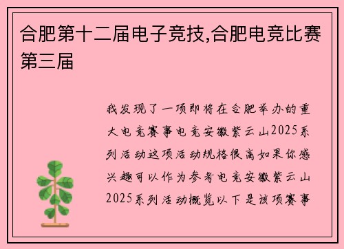 合肥第十二届电子竞技,合肥电竞比赛第三届